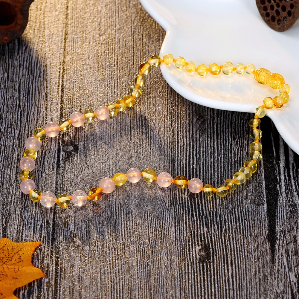 HAOHUPO Original Baltic Amber Teething Necklace for Women Supply Certificate Pink Crystal + Gold Amber Bracelet for Baby Gift