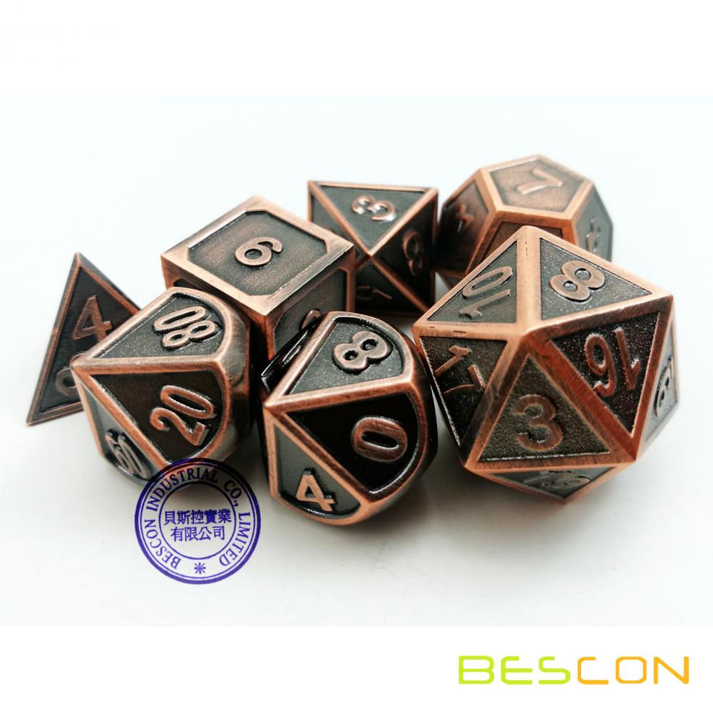 Bescon New Style Copper Solid Metal Polyhedral D&D Dice Set of 7 Copper Metallic RPG Role Playing Game Dice 7pcs Set D4-D20