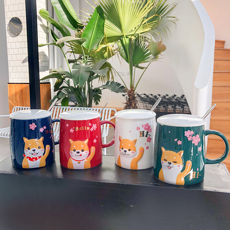 Creative cartoon shiba inu mug with spoon lid,fashion coffee mug Ceramic Tea Mugs Breakfast Drinkware Nice Gifts