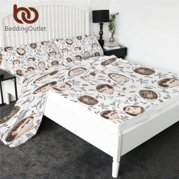 BeddingOutlet Hedgehog Fitted Sheet Watercolor Leaf Bed Sheet Set Animal Flat Sheet With Pillowcase 4pcs Cartoon Mattress Cover