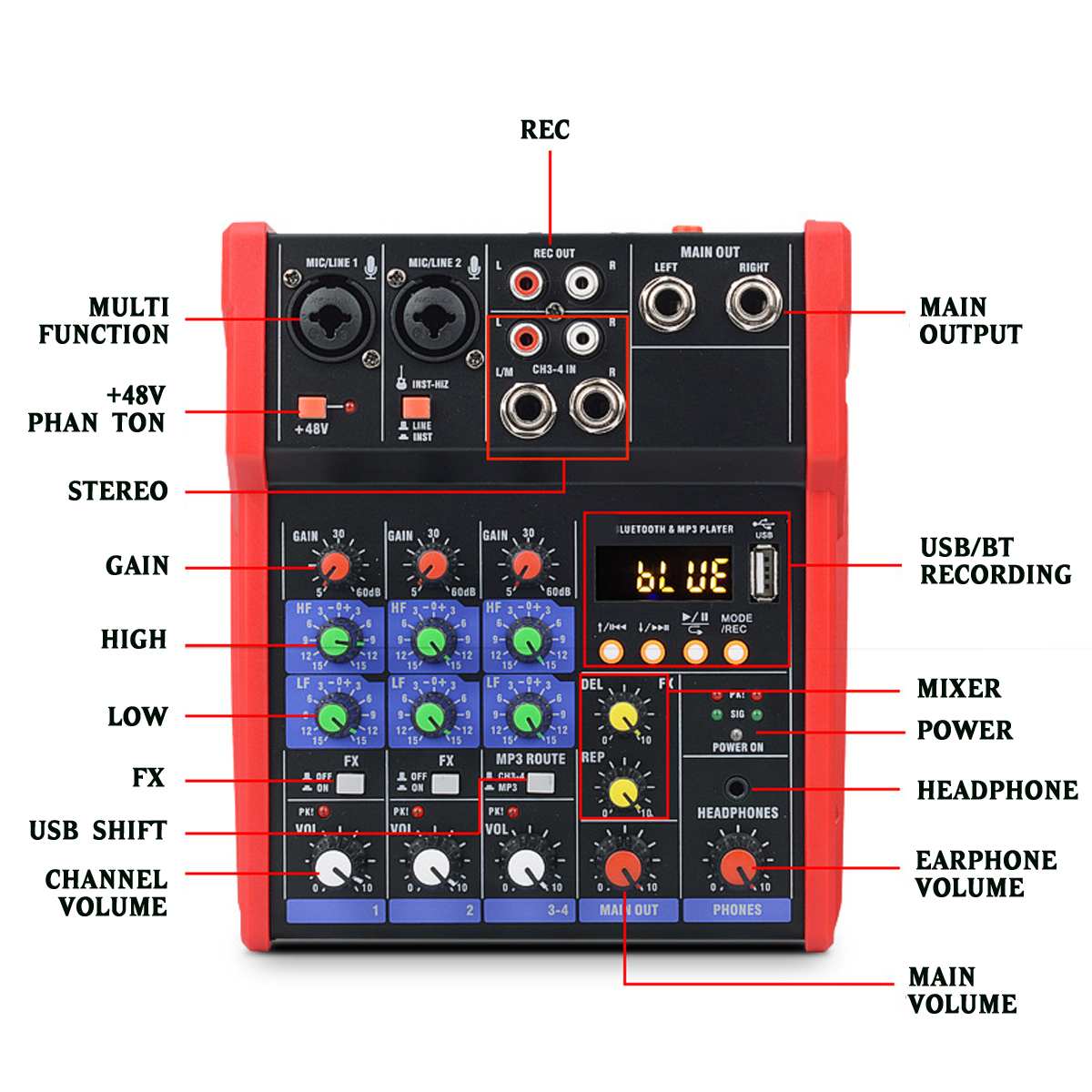 CLAITE 4 Channel Portable Audio Mixer Karaoke Players Bluetooth USB DJ Sound Mixing Console MP3 Jack 48V Amplifier For KTV Party