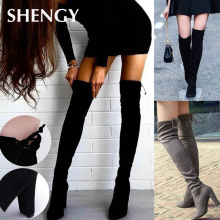 New Women Autumn Flock Leather Boots Over The Knee Boots Lace Up Thin High Heels Sexy Party Boots