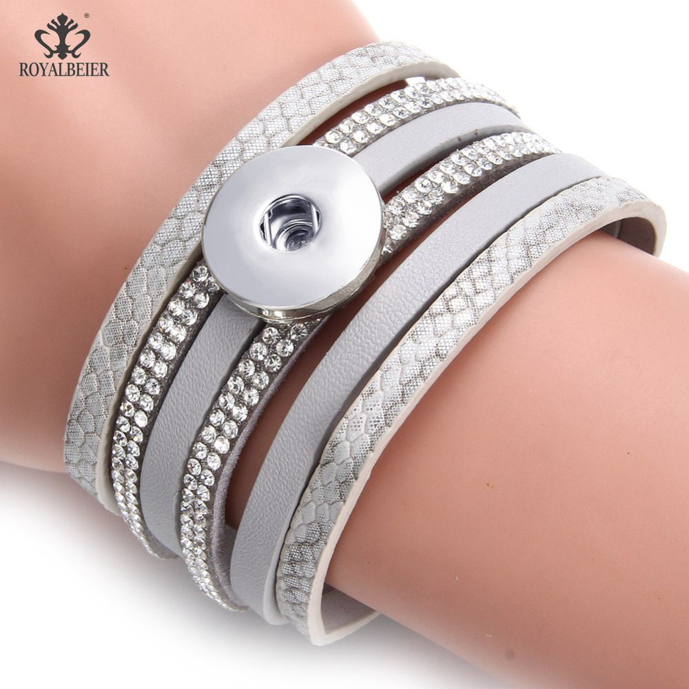 ROYALBEIER Rhinestone Style Multilayer Crystal Wrap Bracelet Magnet Buckle Leather Bangle Pulseiras Bangles for Women SZ0580