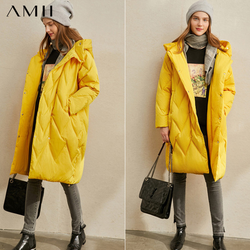 Amii Warm Fashion Down Jacket Winter Women Solid Hooded Long Sleeve Female Thick Down Coat Top 11940597