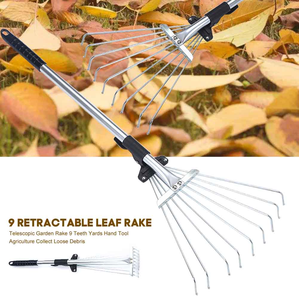 Expandable Hand Tool Garden Rake 9 Teeth Portable Telescopic Stainless Steel Agriculture Collect Loose Debris Lawns Lightweight