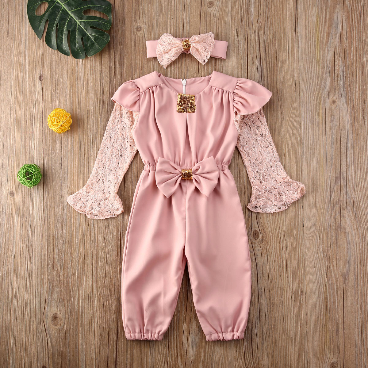 2020 New Baby Girl Clothes Fashion Kids Girl Sets 2Pcs Lace Flare Sleeve Bow Romper Headband Child Girl Clothes Streetwear 1-5Y