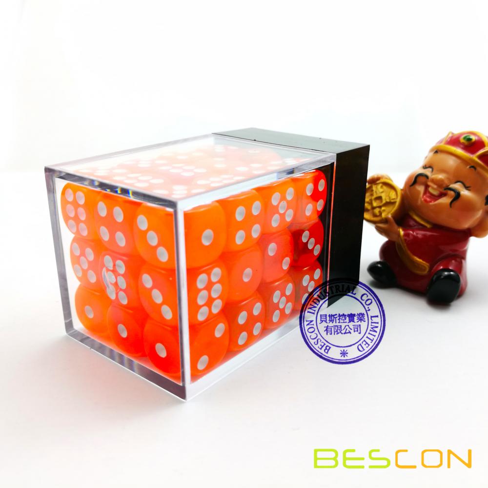 Bescon 12mm 6 Sided Dice 36 in Brick Box, 12mm Six Sided Die (36) Block of Dice, Translucent Orange with White Pips