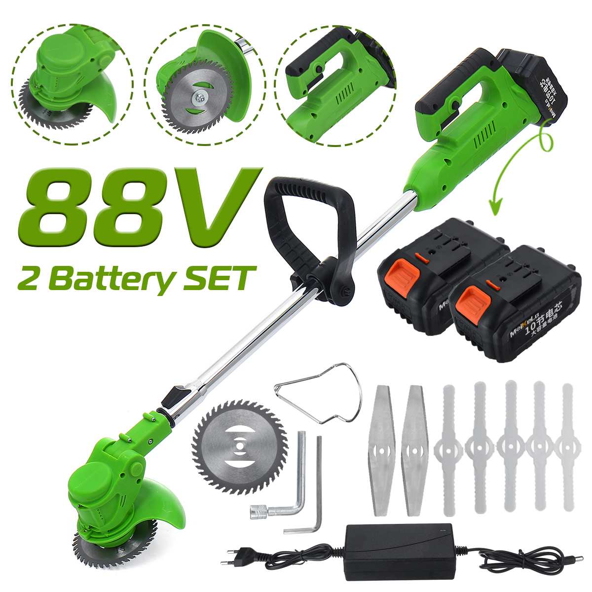 88V Electric Lawn Mower with 22980mAh Li-ion Battery 1000W Cordless Grass Trimmer Auto Release String Cutter Garden Tool EU Plug