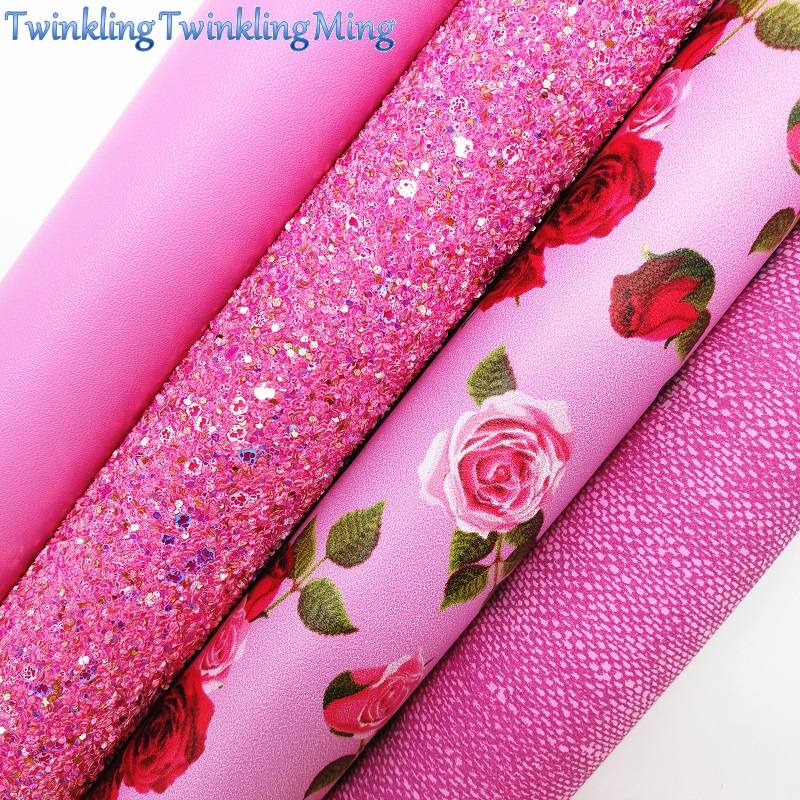 PINK Glitter Fabirc, Rose Faux Leather Fabric, Denim Synthetic Leather Fabric Sheets For Bow A4 21x29CM Twinkling Ming XM662