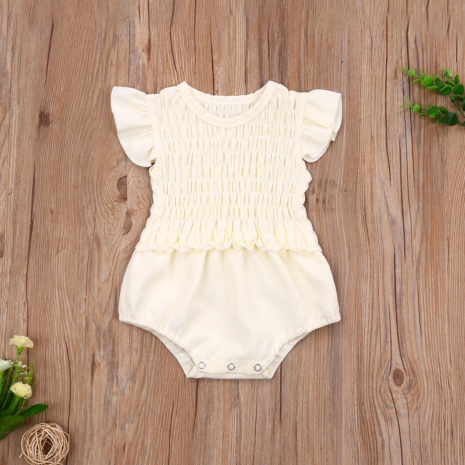 Baby Girls Elastic Slim Jumpsuit, Solid Color Round Neck Fly Sleeve Bodysuit Playsuits for Girls, Off-White/Yellow/Pink