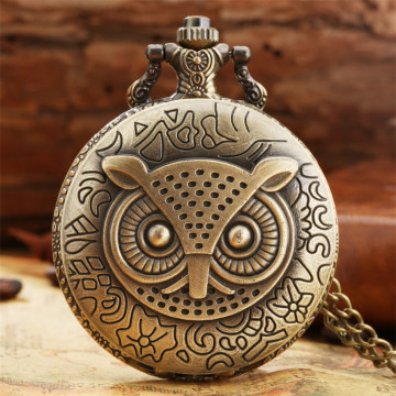 Antique Bronze Night Owl Necklace Quartz Pocket Watch Chain Men chiristmas gift P02