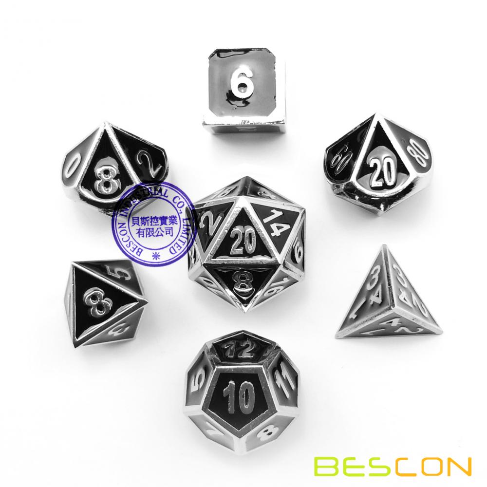 Bescon Deluxe Creative Shiny Chrome and Black Enamel Solid Metal Polyhedral Role Playing RPG Game Dice Set of 7