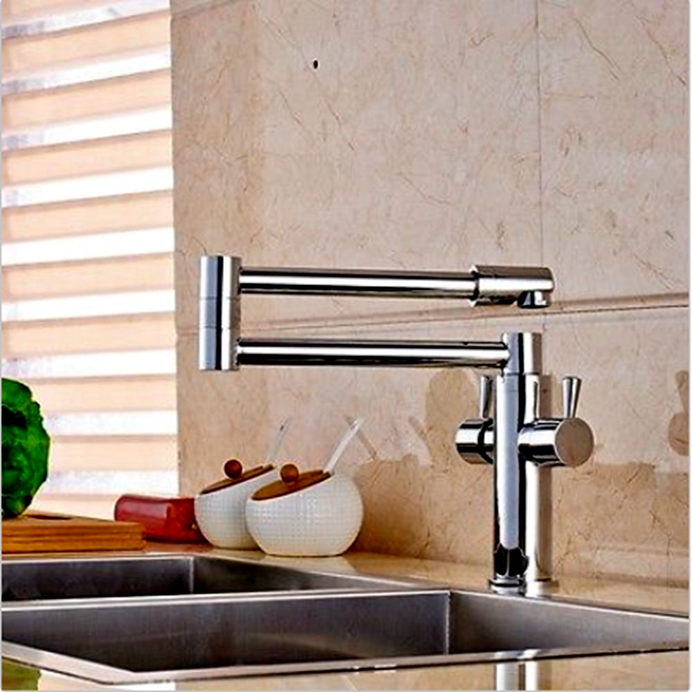 Uythner Deck Mounted Long Spout Extending Kitchen faucets Chrome Brass Two Handle One Hole Mixer Tap