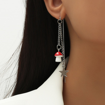 Fashion Simple Silver Color Metal Chain Star Pendant Dangle Earrings For Women Cute Red White Mushroom Drop Earring Jewelry