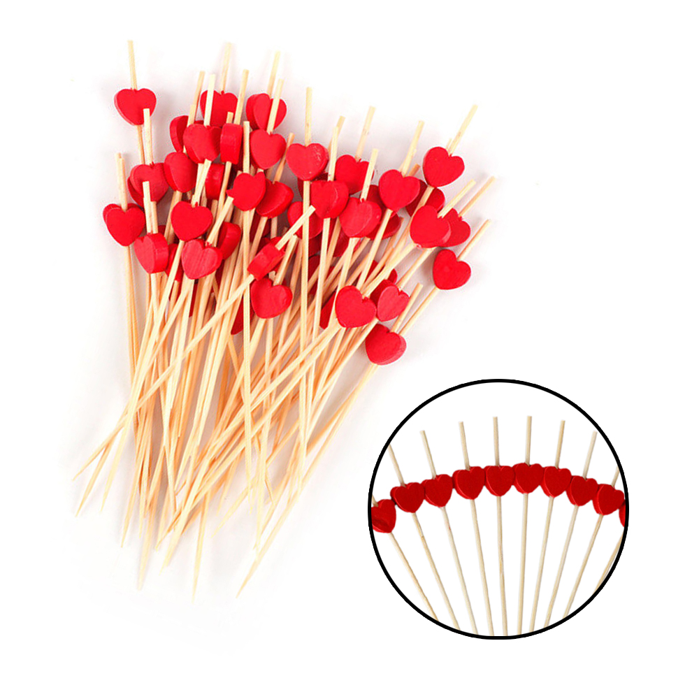 100Pcs 12cm Disposable Bamboo Heart Skewers Fruit Dessert Cake Sign Cocktail Picks Cute Food Sticks Buffet Cupcake Toppers Party