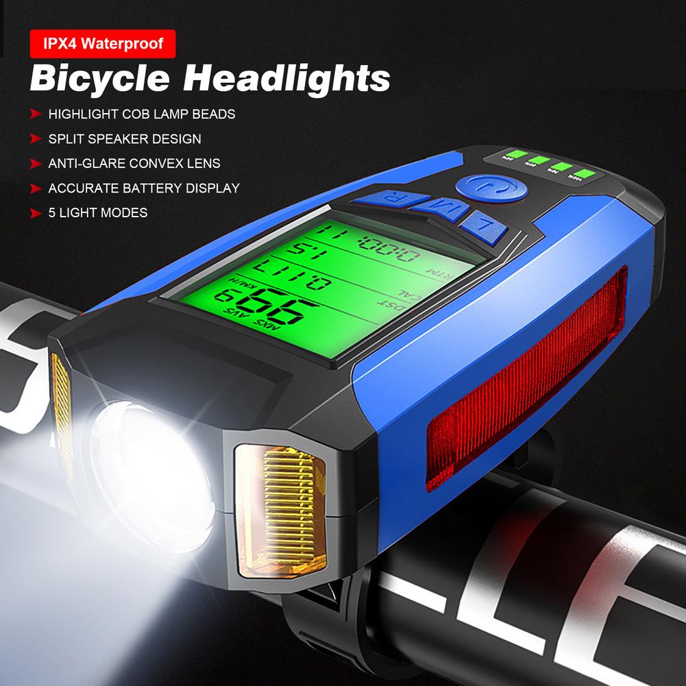 3-in-1 Bike Headlight USB Rechargeable with stopwatch horn lamp 5 Lighting Modes MTB Front light For Cycling Bicycle Accessories