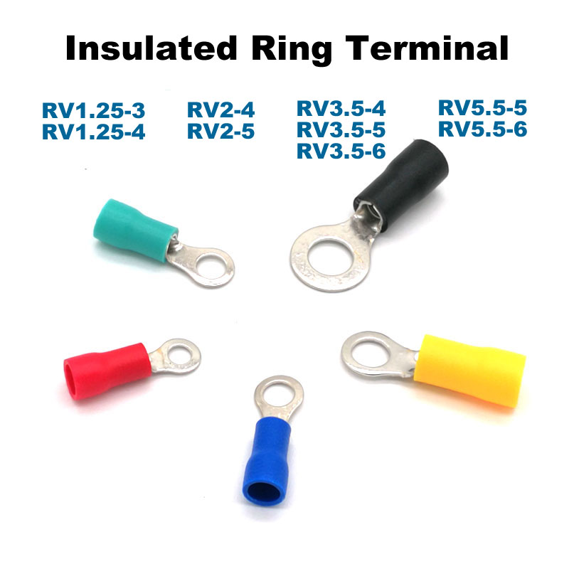 100pcs Ring Insulated Crimp terminal electrical wire connector RV1.25-3 1.25-4 2-4 2-5 3.5-5 3.5-6 5.5-5 5.5-6 cable ferrules