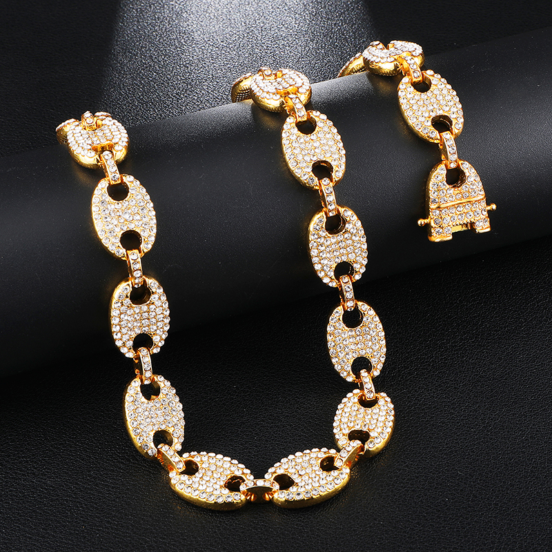 HIP HOP 13MM Iced Out CZ Multi-Colors Coffee Bean Pig Nose Alloy Rhinestone Charm Link Chain Bling Necklaces for Men Jewelry