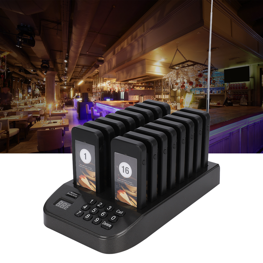 SU-66S 1 to 16 Wireless Pager Waiting System Restaurant Queuing Calling System 100-240V Low Battery Reminder Light Rotation