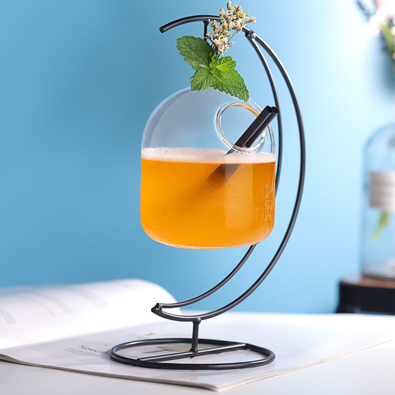Bar New Ideas Hanging Basket Cocktail Glass Heart Moon Iron Frame Suspension Bottle Juice Beverage Molecular Special Drinks Cup