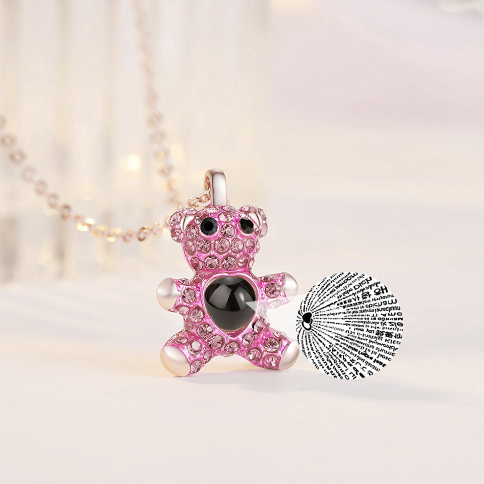100 Languages I Love You Projection Little Bear Pendant Necklace Titanium Steel Fashion Trendy Women Jewelry Valentine's Day