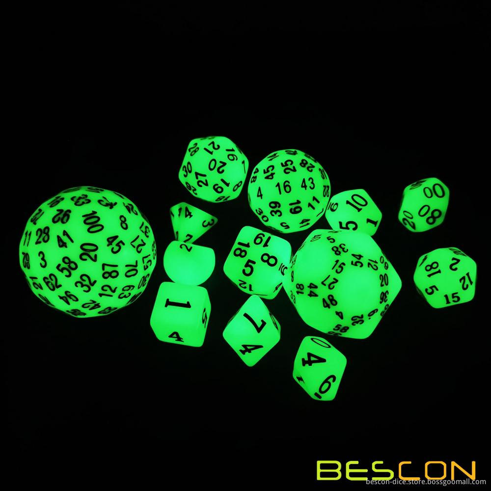 Bescon Super Glowing in Dark Complete Polyhedral RPG Dice Set 13pcs D3-D100, Role Playing Dice Set Amber and Luminous