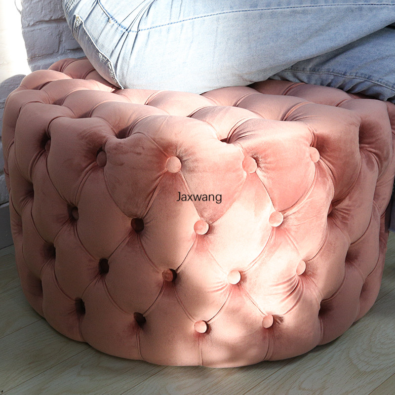 Nordic Living Room Ottoman Round Pull Button Velvet Shoe Changing Stool Ins Apartment Living Room Luxury Home Small Makeup Stool
