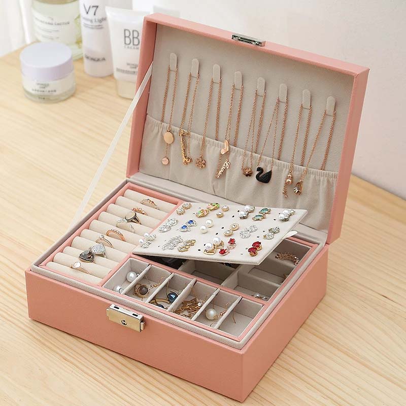 New Double-Layer Jewelery Box High Capacity Earrings Storage Box Leather Ear Stud Ornament Multi-Function Large Jewelry Box