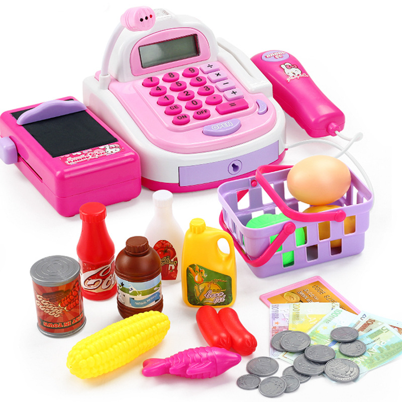 Mini Simulation Supermarket Checkout Counter Food Goods Toys Kids Puzzle Pretend Play Shopping Cash Register Set Girl Gift Toy