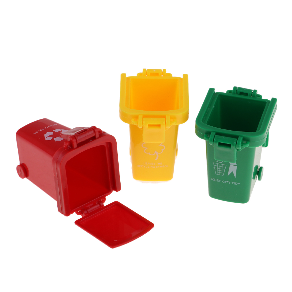 3x Kids Mini Trash Cans Recycling Bins Garbage Truck Toy 3-Pack (Green Red Yellow)