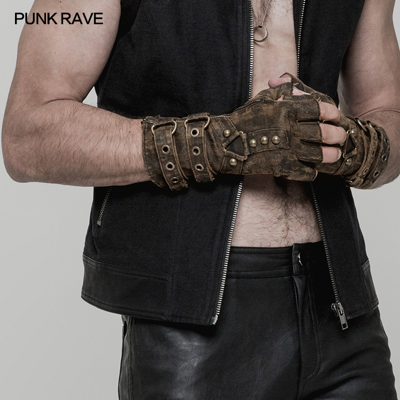 One Pair Punk Rave Mens Coffee Gray Colours Steampunk Fingerless Gloves Military Gothic Dieselpunk motocycle WS252