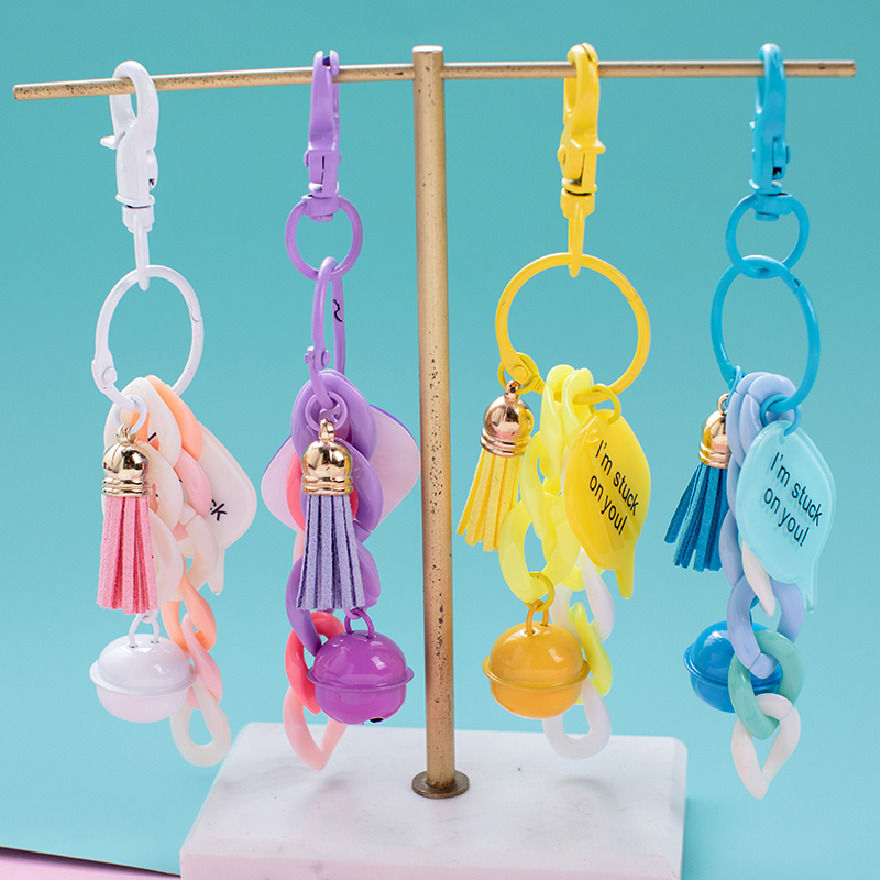 CHUNOU Color Plastic Chain Keychain Cute Bell Tassel Keyring English Letter Key chain Women Bag Sleutelhanger Wholesale Keychain