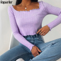 Casual Solid Knitted Ribbed Elastic Basic Cropped T-Shirt Women 2020 Autumn Harajuku Square Collar Long Sleeve T Shirt y2k Top