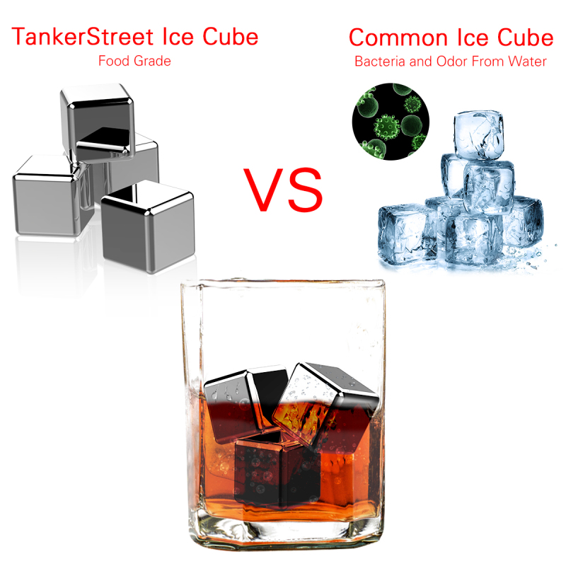 6 pieces of reusable frozen stones in stainless steel ice cubes, used for whiskey cooler rock vodka beer drinks lasting ice cold