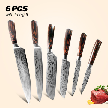 Knife Set Kitchen Damascus Laser Pattern 6PCs 440C Stainless Steel Japanese Chef Slicing Meat Cleaver Fish Utility Fruit Knives