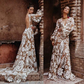 UMK Vestido de Noiva 2020 Vintage Boho Lace Wedding Dress Sexy Backless Long Lantern sleeve Beach Wedding Gowns