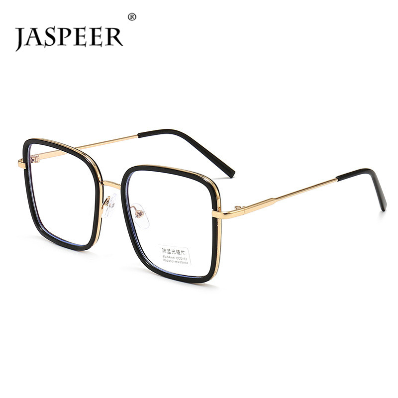 JASPEER Vintage Metal Frame Anti Blue Light Glass Women Computer Eyewear Men Optical Spectacle Oversized Eyeglass Square