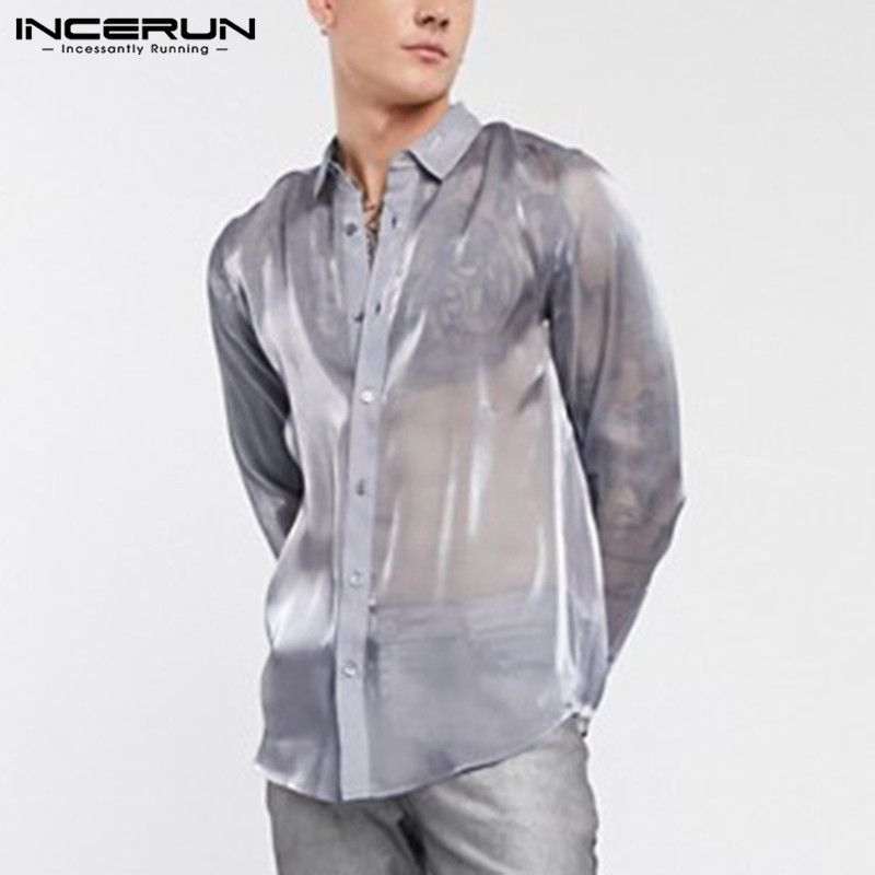 INCERUN Men Shirt Mesh Party Clubwear Sexy Transparent Tops 2021 Lapel Long Sleeve Camisa Solid Stylish Shiny Mens Brand Shirts