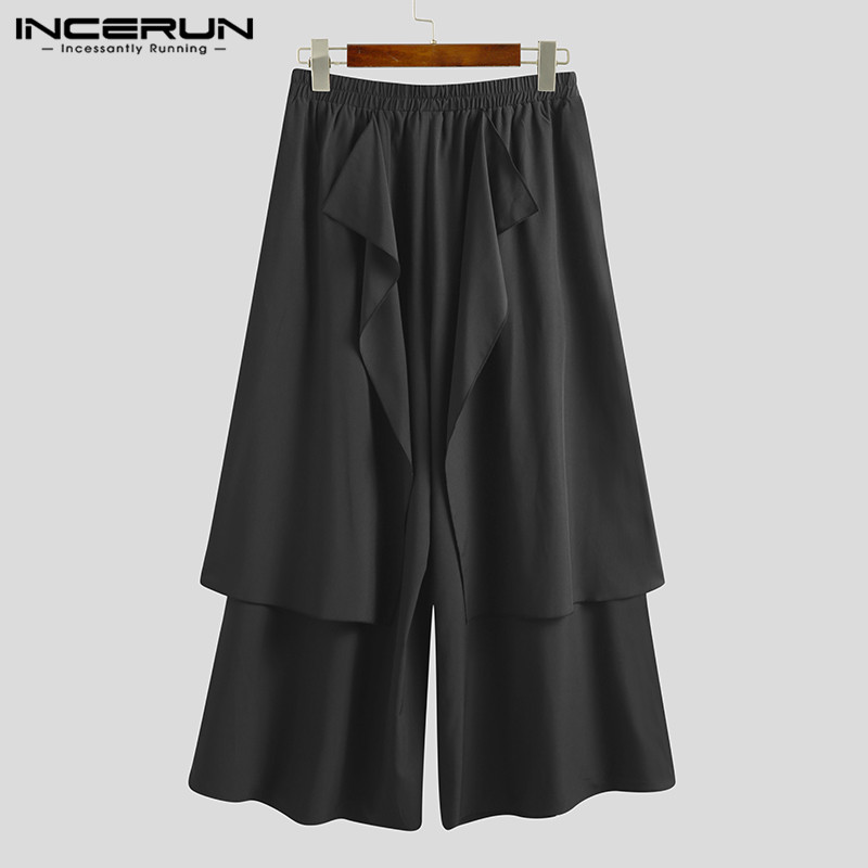 INCERUN 2020 Fashion Men Wide Leg Pants Solid Color Elastic Waist Irregular Skirts Trousers Punk Black Joggers Casual Streetwear