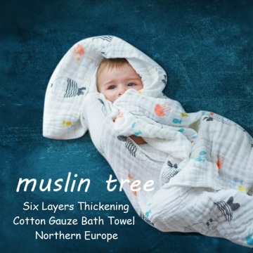 Baby Towel Cotton Cartoon Muslin Gauze Squares Cloth Infant Swaddle Bath Blankets Stuff For Newborns Kids Wash Beach 6 Layer Big