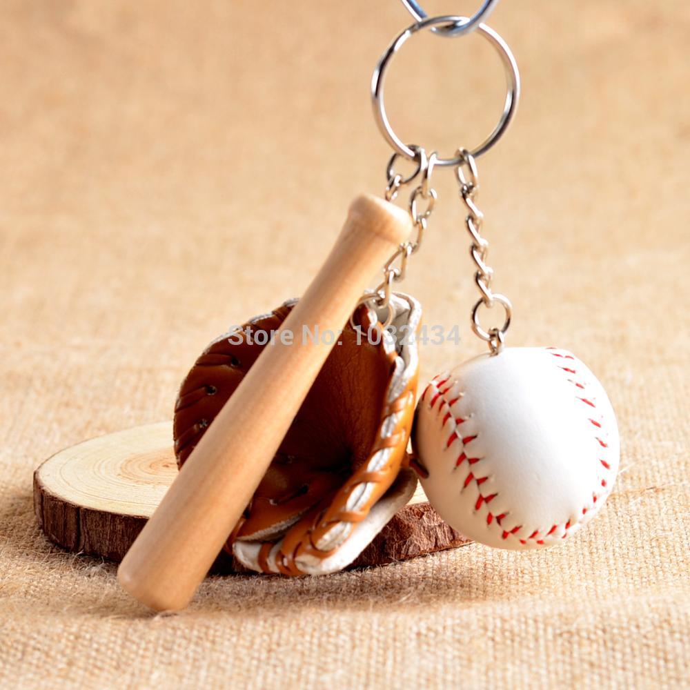 50 pcs/lot Wholesale Mini Baseball glove wooden bat key chains sport Car Key Chain Key Ring Promotion Gift