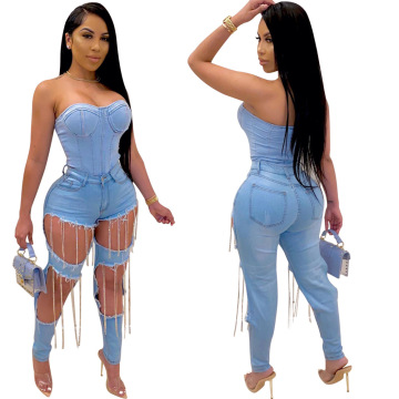 Cutubly Sexy Blue Jeans for Women Diamonds Tassel Ripped Jeans for Women Hollow Out Trousers Foot Cut Pencil Pants Casual 2020