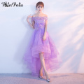 Purple High Low Prom Dresses 2020 Elegant Boat Neck Off The Shoulder Appliques Short Front Long Back Tulle Graduation Dresses