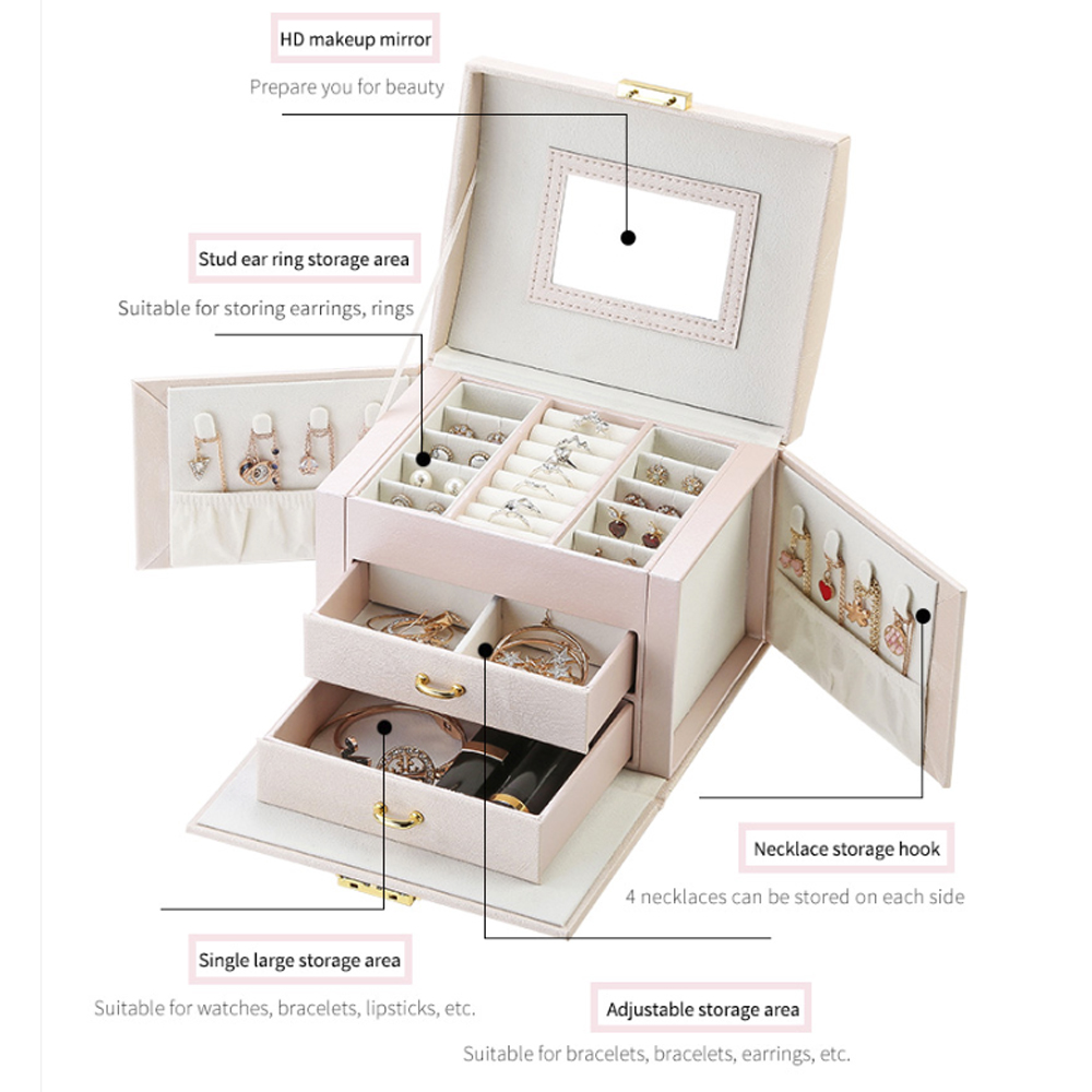 Jewelry Box with Mirror Leather Large Capacity Jewelry Organizer Drawer Case for Watch Rings Earrings Necklaces Storage Gift