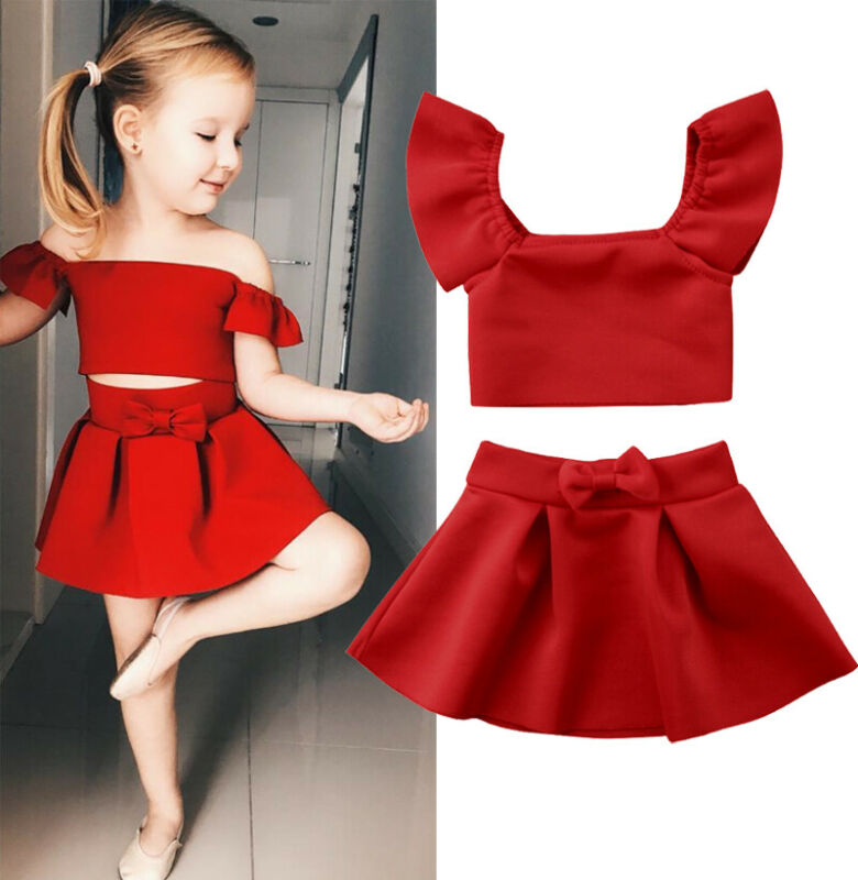 2020 New Fashion Girls Red Clothes Sets Toddler Kids Off Shoulder Tops Bow Skirt 2pcs Summer Outfits Clothing for 0-4Years