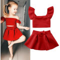 2020 New Fashion Girls Red Clothes Sets Toddler Kids Off Shoulder Tops Bow Skirt 2pcs Summer Outfits Clothing for 0-4Years