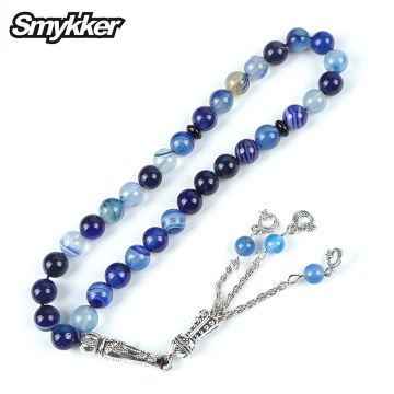 Hot Mohammed Stone Rosary Blue Stripe Agate Beads 33pcs Tesbih 10mm Bead for Islamic Muslim Prayer Rosary Tassel Star Bracelets