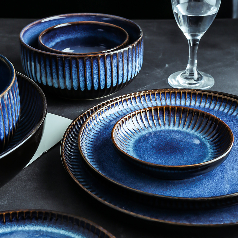 ANTOWALL Creative Nordic ceramic plate blue stripe flat plate household ceramic plate western plate pasta steak plate