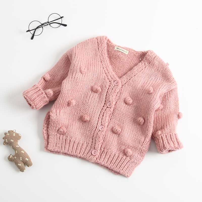 Autumn Winter Infant Kids Baby Girls Sweater Coats Warm Knitting Long Sleeve Hairball V Neck Sweaters Outfits Outwear