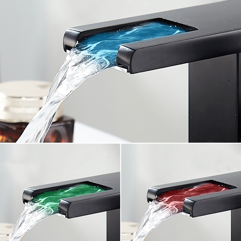 POIQIHY LED Waterfall Bathroom Basin Faucet Single Handle Cold Hot Water Mixer Sink Tap RGB Color Change Powered by Water Flow